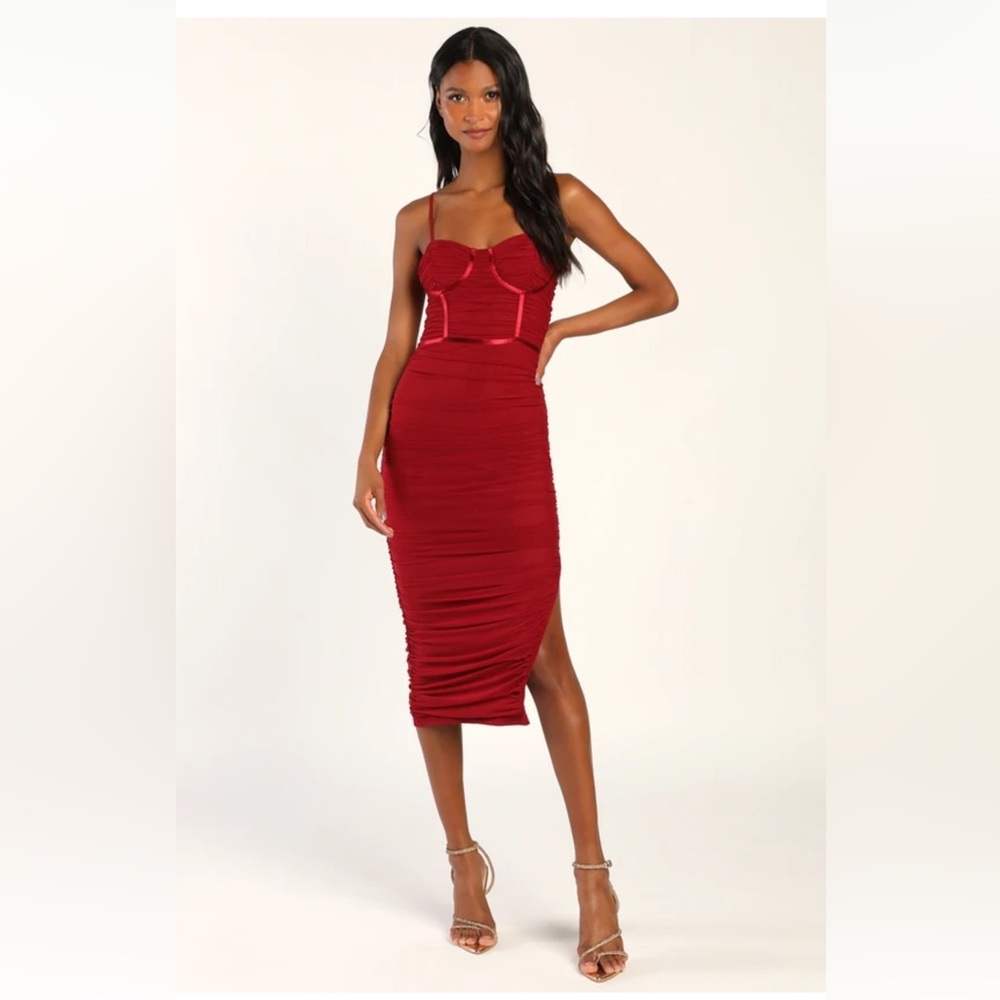 Lulus Easily Infatuated Wine Red Mesh Bustier Bodycon Midi Dress (XL) NEW